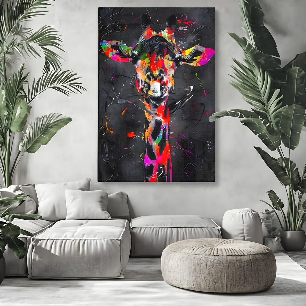 Tablou canvas cu tablou canvas cu girafa multicolor, fara rama, pe sasiu de lemn, pe perete intr-un living